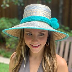Handwoven Sun Hat with Pom Pom Hat Band 56cm